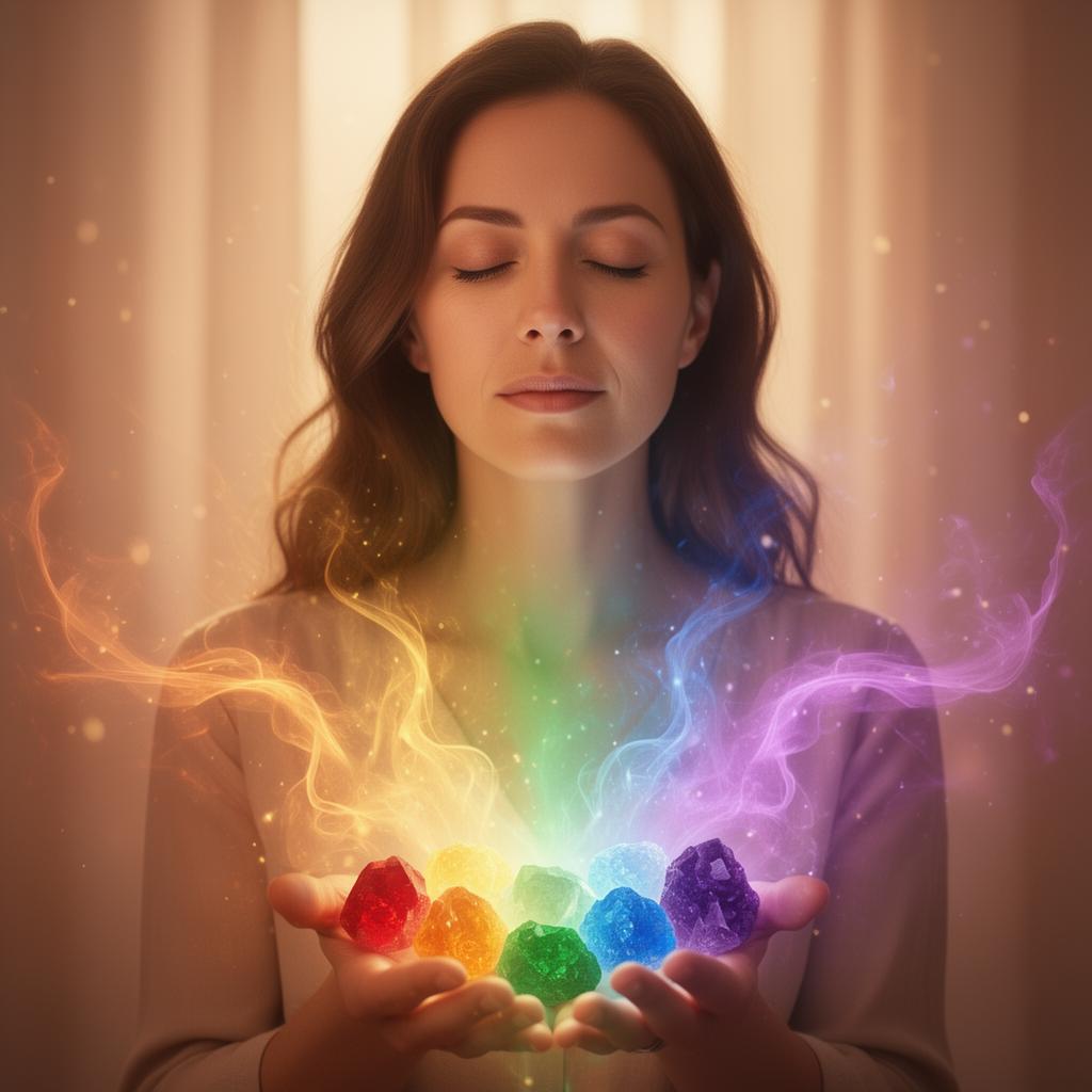 Terapeuta en chakras canalizando energía con cristales de colores